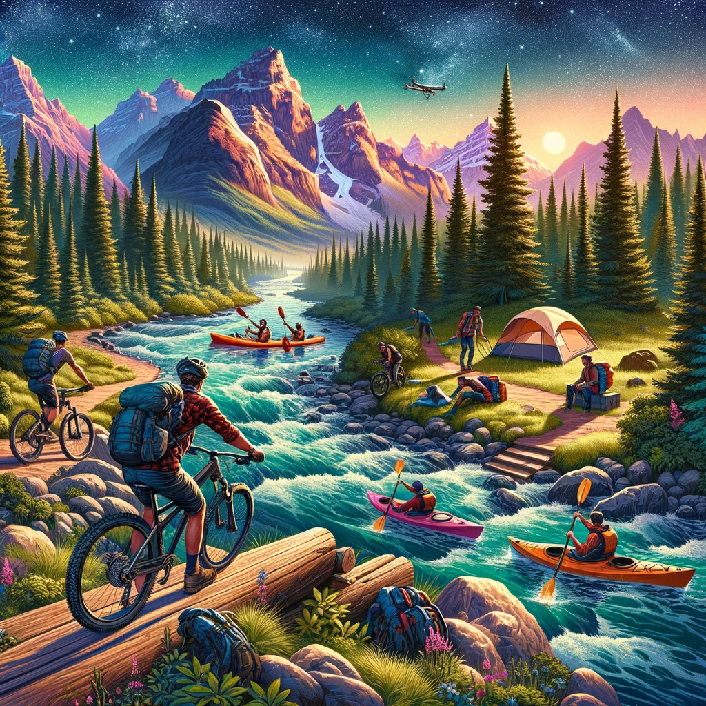 A vibrant scene of outdoor activities in Brendan Calling, featuring mountain biking, hiking, kayaking, and camping under a starlit sky in a diverse landscape with mountains, forests, and a river.