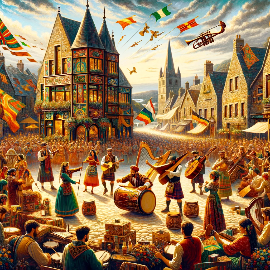 A vibrant depiction of a traditional music festival in Brendan Calling, with musicians, dancers in colorful attire, and a festive crowd amidst historical architecture.