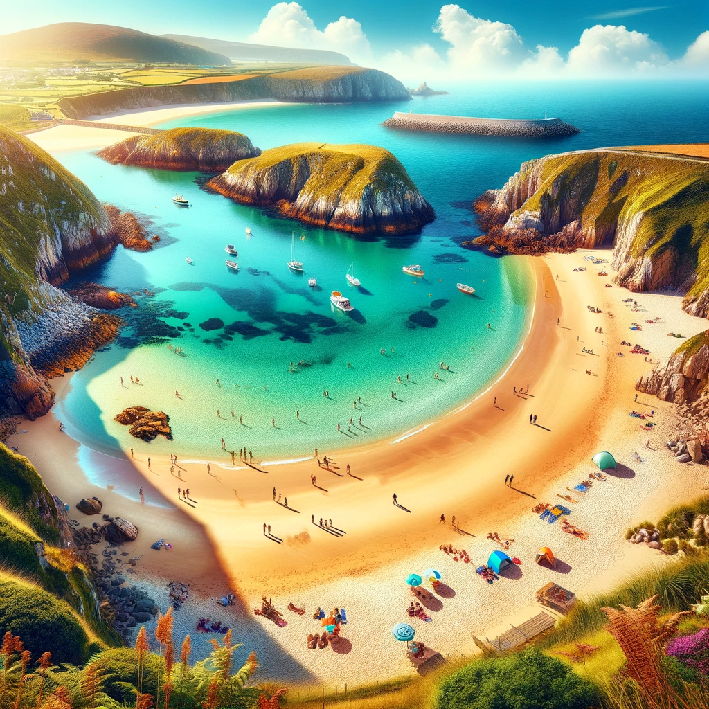 Stunning view of Brendan Calling's beaches and bays, featuring sandy shores, clear waters, coastal cliffs, and people enjoying beach activities.