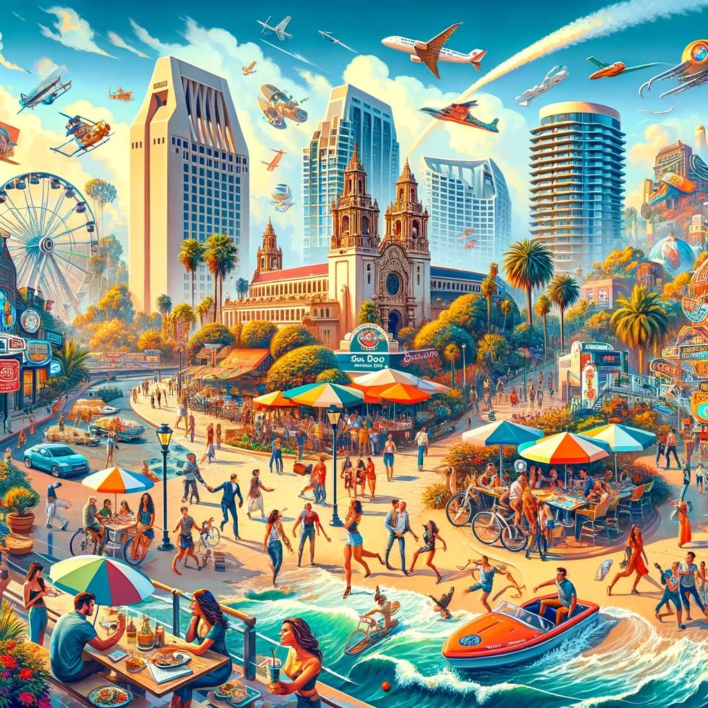 Vibrant scene in San Diego showcasing famous landmarks, beaches, and urban life with tourists and locals enjoying diverse activities.