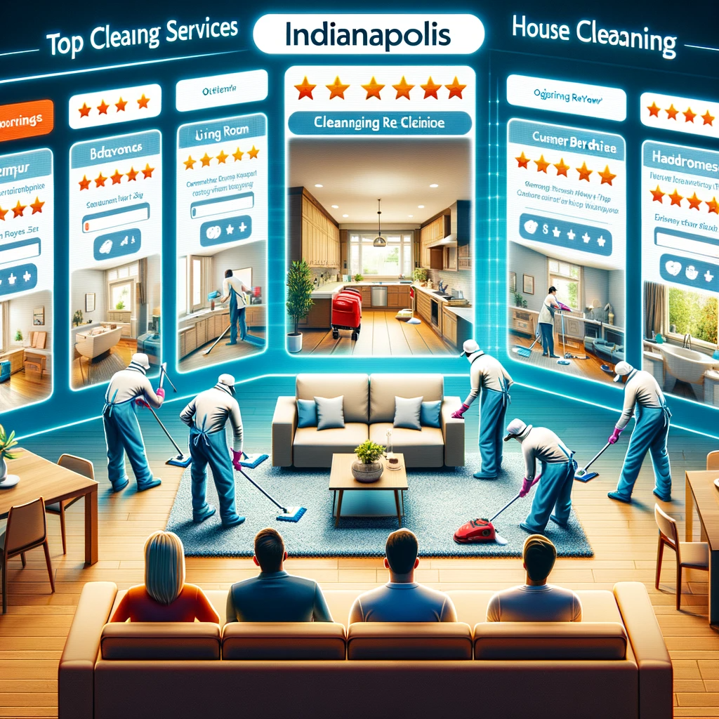 Various top house cleaning services in an Indianapolis home being evaluated, with digital review panels and observing homeowners.