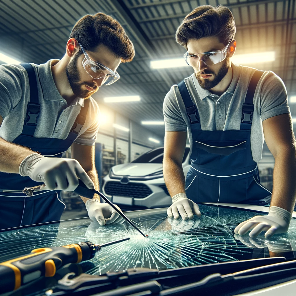 A professional auto glass technician in Dallas repairing a crack in a car's windshield in a modern repair shop.