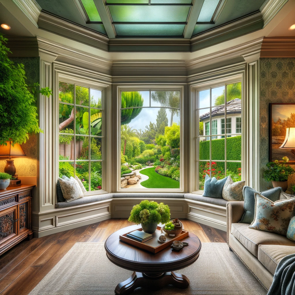 Cozy living area in a San Diego home with a bay window overlooking a lush garden.