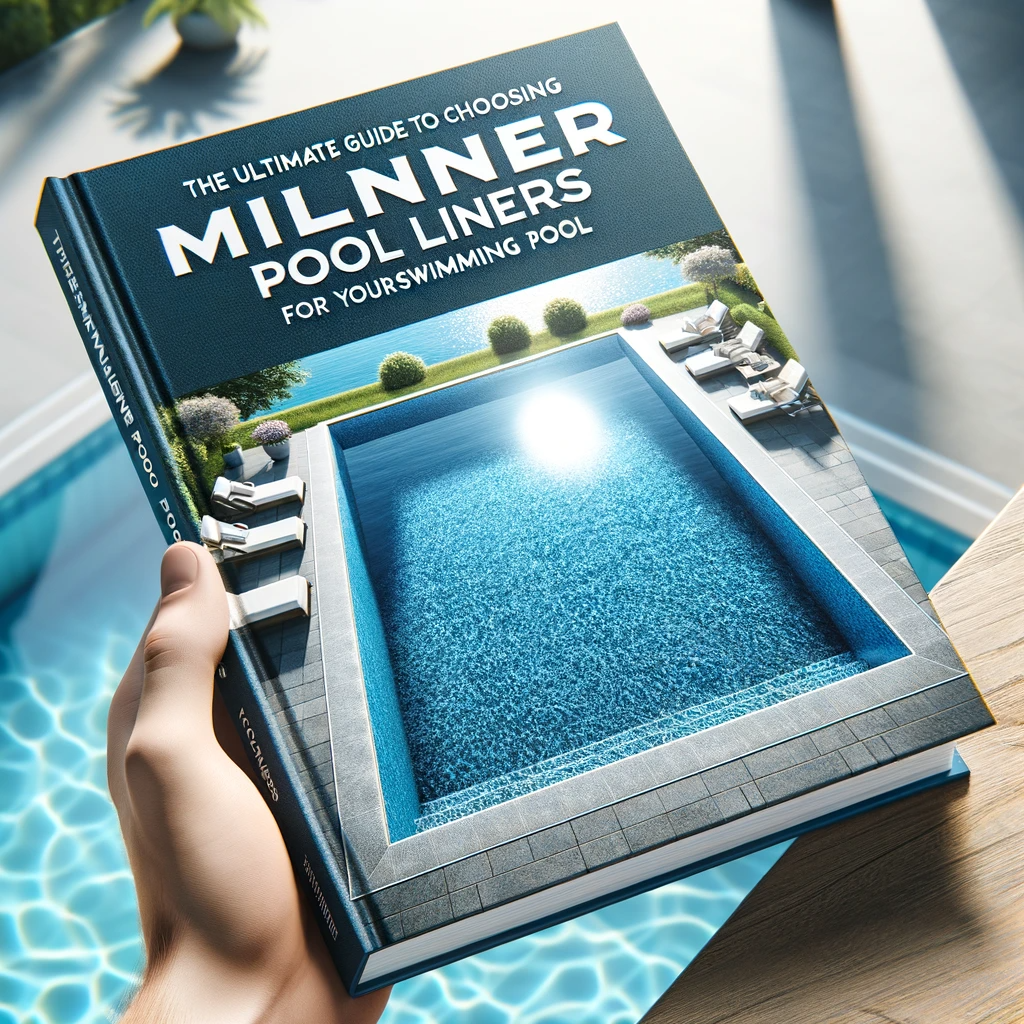 A book cover depicting a luxurious swimming pool with a clear, lined water surface, set in a serene outdoor environment. The title "The Ultimate Guide to Choosing Merlin Pool Liners for Your Swimming Pool" is displayed at the top.