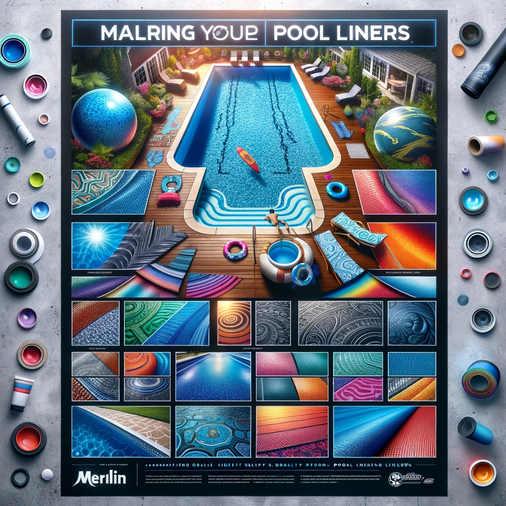 A colorful and vibrant advertisement poster showcasing various Merlin pool liner designs in different swimming pools, highlighting the quality and range of choices.