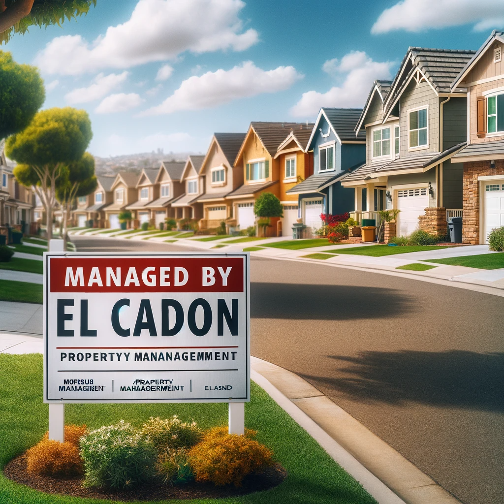 Well-kept lawns and modern houses with 'Managed by' signs in El Cajon.