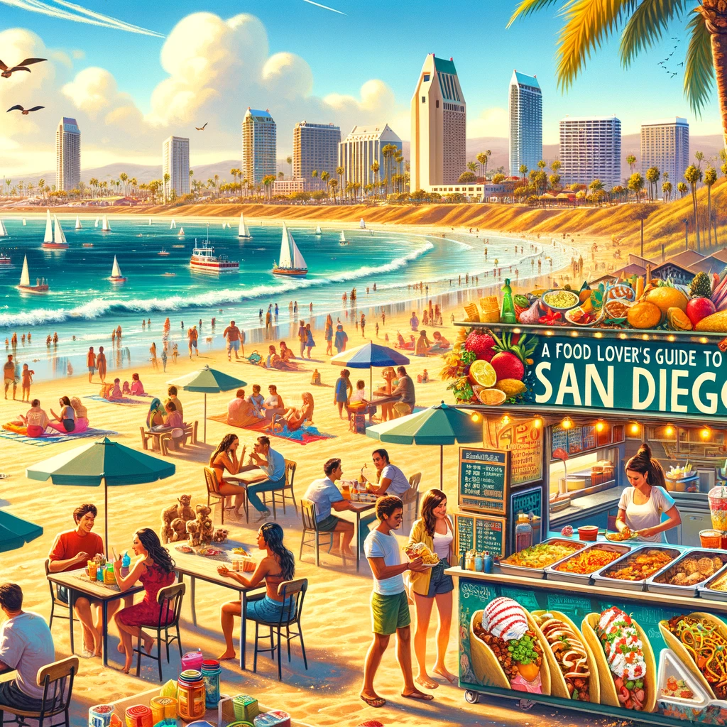 A vibrant scene of San Diego's beach with diverse food options. People of different ethnicities enjoy foods like tacos, seafood, and fruits on a sunny beach with palm trees and the ocean in the background. A food stall in the foreground showcases a colorful selection of dishes.