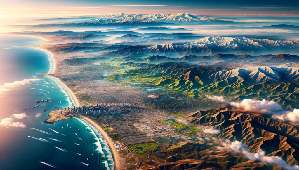 Panoramic view of San Diego's diverse landscapes including beaches, valleys, mountains, and desert.