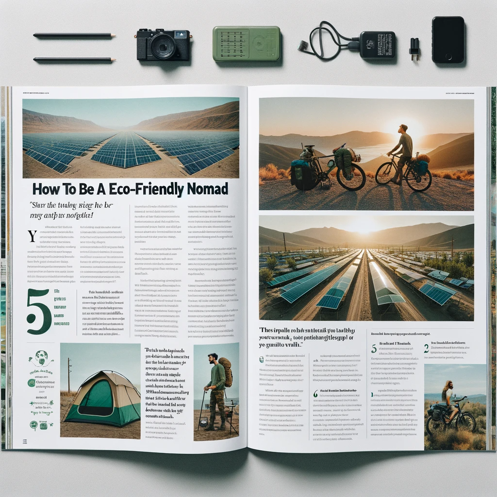 Cover of Modern Nomad Magazine featuring a world map made of green leaves, a silhouette of an eco-friendly backpacker, and the title 'Sustainable Travel: How to Be an Eco-Friendly Nomad'.