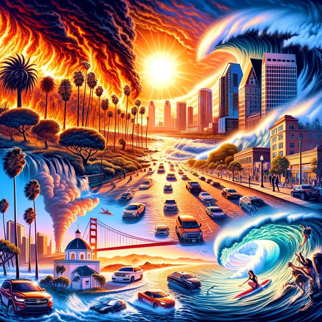 Illustration of weather hazards in San Diego, featuring Santa Ana winds, coastal erosion, flash floods, and a heatwave.
