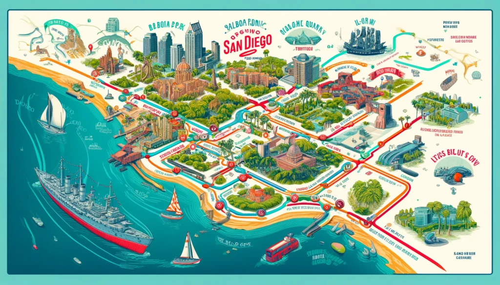 Illustrated map of San Diego showing key attractions and connecting routes.