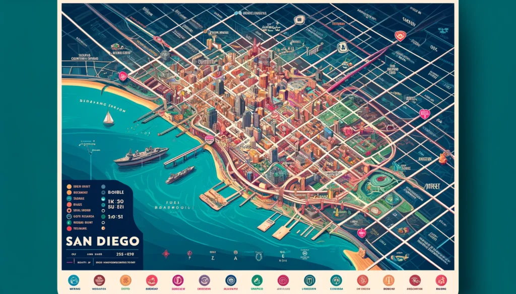 Detailed tourist map of San Diego highlighting key neighborhoods and landmarks.