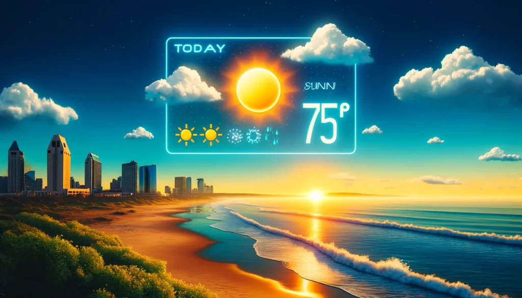 Digital artwork showing a sunny San Diego weather forecast with a temperature display.