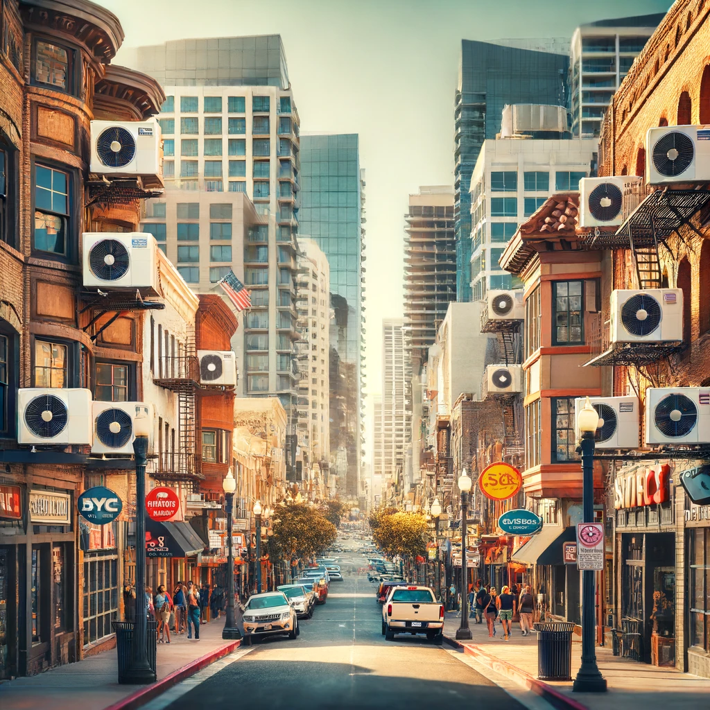 A bustling street in San Diego with diverse architecture, featuring shops, restaurants, and offices. Heating and air conditioning units are visible on the buildings, ensuring comfort in this lively urban environment. The scene is sunny with people walking on the sidewalks.