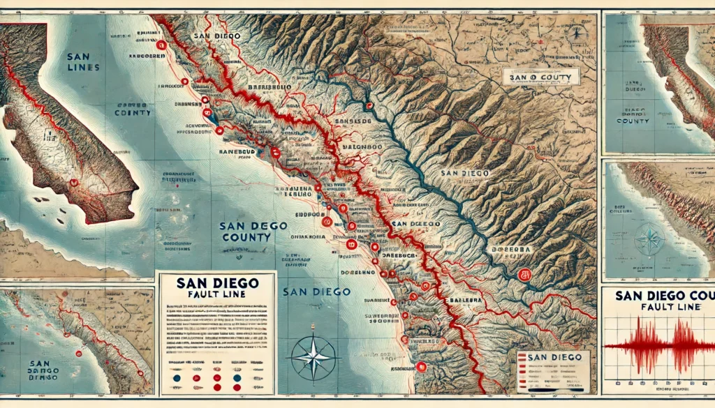 A detailed map of San Diego's fault lines highlighting the region's seismic activity. The map displays major fault lines in red with labels, surrounding geological features, and key locations in San Diego County. The background includes a topographic representation with slight shading to indicate elevation changes. Icons representing notable earthquakes and markers for significant cities and towns are also featured. The style is clear, informative, and professional.