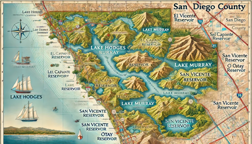 A detailed map of San Diego County showcasing major lakes and reservoirs such as Lake Hodges, Lake Murray, El Capitan Reservoir, San Vicente Reservoir, and Otay Reservoir. The map includes labels for each water body, roads, and surrounding areas with natural scenery like trees and hills.