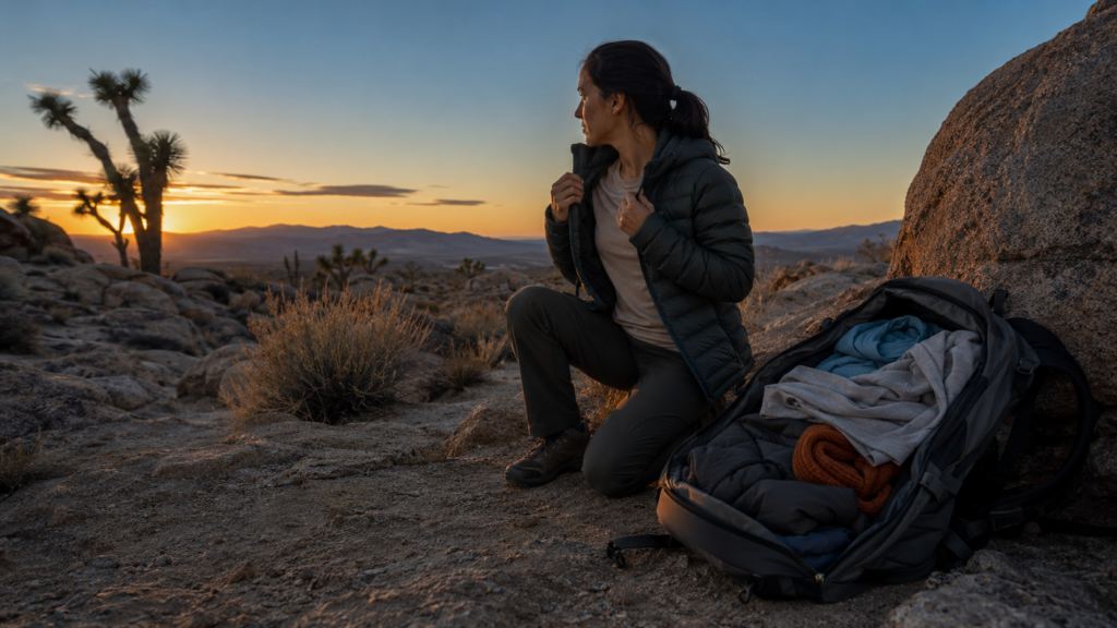Desert sunset with hiking preparations